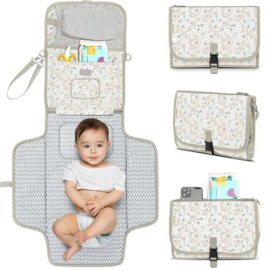 KeaBabies Portable Diaper Changing Pad, Travel, Car - Large Waterproof Baby Changing Mat, Wipeable, Padded, On The Go Travel Diaper Clutch Bag, Easy to Use Pockets for Newborn Essentials (Prairie)