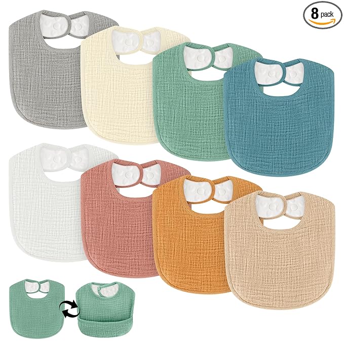 Drool Bibs for Baby Boys & Girls, 8 Pack Muslin Baby Bibs for Drooling and Teething with Hidden Pocket, Soft Cotton, Extra Absorbent, Mess-proof, for Toddler, Newborn, Infant
