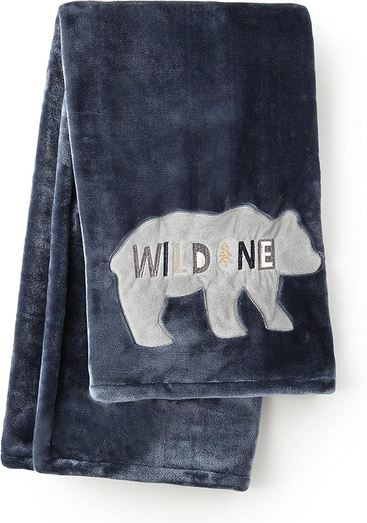 Levtex Baby - Logan Plush Blanket - Appliqued and Embroidered Bear on Navy Plush - Grey and Navy - Nursery Accessories - Blanket Size: 30 x 40 in.