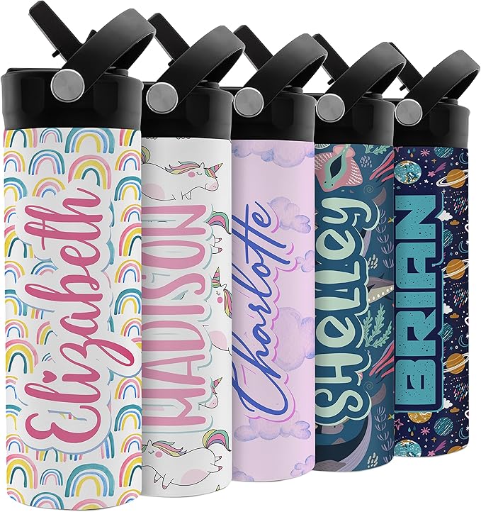 Personalized Water Bottle for Kids - 20 oz - 14 Design Options, Custom Water Bottle for Children - End of School Year Gifts, Back to School Gifts - BPA FREE, Double-Wall Insulation - Rainbow