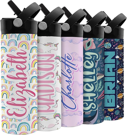 Personalized Water Bottle for Kids - 20 oz - 14 Design Options, Custom Water Bottle for Children - End of School Year Gifts, Back to School Gifts - BPA FREE, Double-Wall Insulation - Rainbow