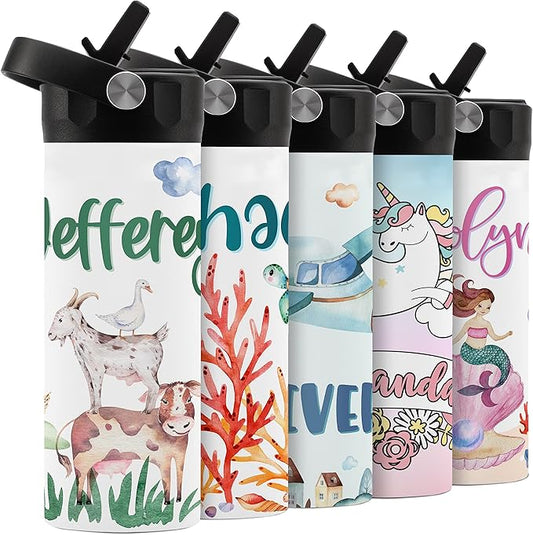 Personalized Kids Water Bottle with Straw Lid - 14 oz - 11 Wraparound Designs, Custom Water Bottle for Children, Back to School Gifts - BPA FREE, Double-Wall Insulated, Birthday Gifts - Farm