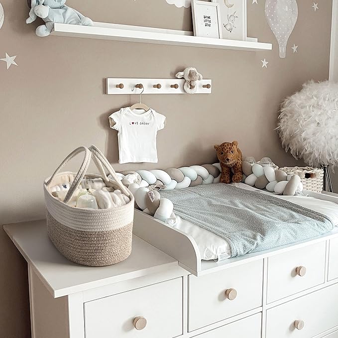 Diaper Caddy Organizer, Empty Gift Basket for Newborn Essentials, Baby Storage Basket, Stylish Gift Bag for Baby Shower, Boys and Girls – Small, White and Beige Brown