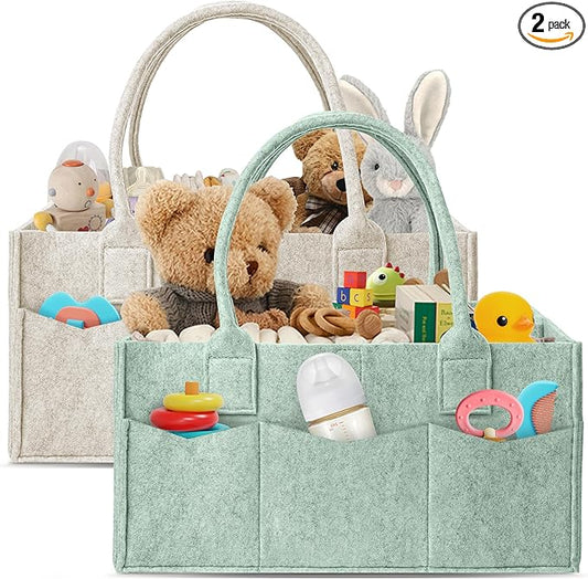 HIPHOP PANDA 2-Pack Diaper Caddy Organizer - Nursery Storage Bin & Car Organizer for Diapers, Wipes, and Baby Essentials - Dual-Color Solid Set (Green/Oatmeal), Regular Size