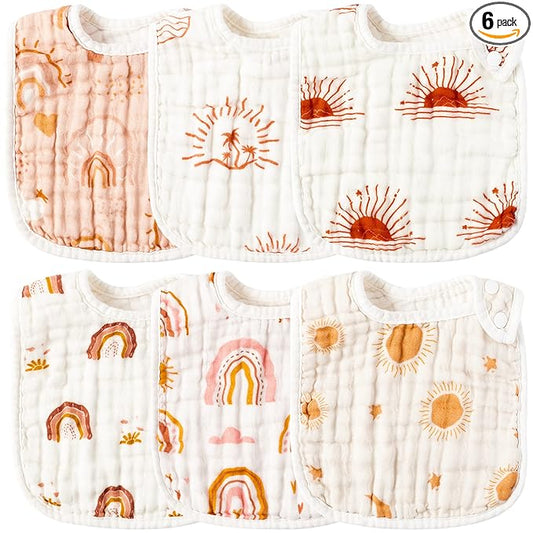 Zainpe 6Pcs Snap Muslin Cotton Bibs for Baby Rainbow Sun Star Adjustable Feeding Bib, Machine Washable Unisex Burp Cloths with 6 Absorbent Soft Layers for Infant Newborn Toddler Drooling Teething
