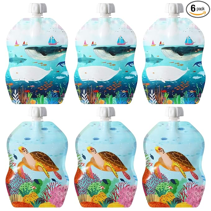 ChooMee Reusable Baby Food Storage Pouches | BPA Free Leakproof Toddler Squeeze Pouch for Smoothies, Purees & Baby Food | Refillable, Double Zipper, Easy Clean, Wide Bottom | 6CT, 8oz SeaLife