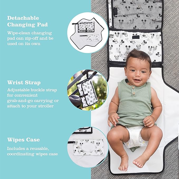 Disney Baby by J.L. Childress Portable Diaper Changing Station for Baby - Travel Diaper Changing Pad for Newborn, Essentials for Moms, Kit with Wipes Case & Storage Pockets - Mickey & Minnie Mouse