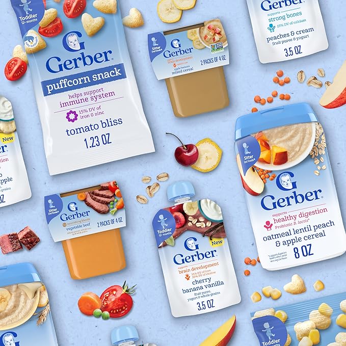 Gerber Toddler Food, Baby Food Pouches for Toddlers, Mango Banana Apple, Fruit Puree, Yogurt & Whole Grains, Fiber Helps Support Healthy Digestion, No Artificial Flavors, 3.5oz each (Pack of 12)