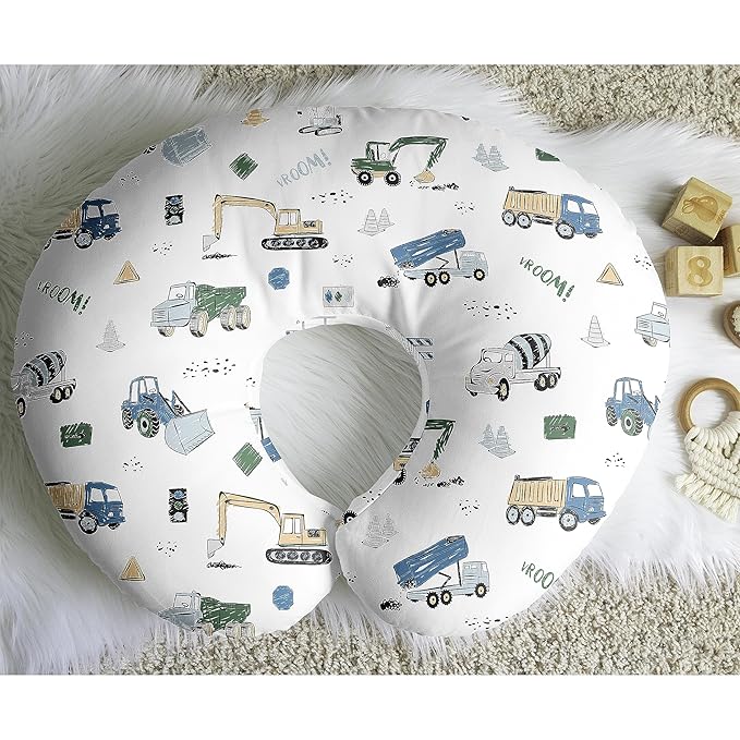 Sweet Jojo Designs Construction Truck Boy Nursing Pillow Cover Baby Breastfeeding Slipcover Infant Newborn Nursery Bottle Breast Feeding Pillowcase(Pillow NOT Included)- Grey Blue Green Transportation