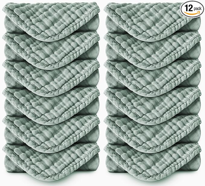 Spotted Play Muslin Burp Cloths 100% Cotton Large 20''x10'' Extra Soft and Absorbent Baby Wash Cloths Spit Up Rags - Baby Burping Cloth for Boys Girls Items(12 Pack Green)