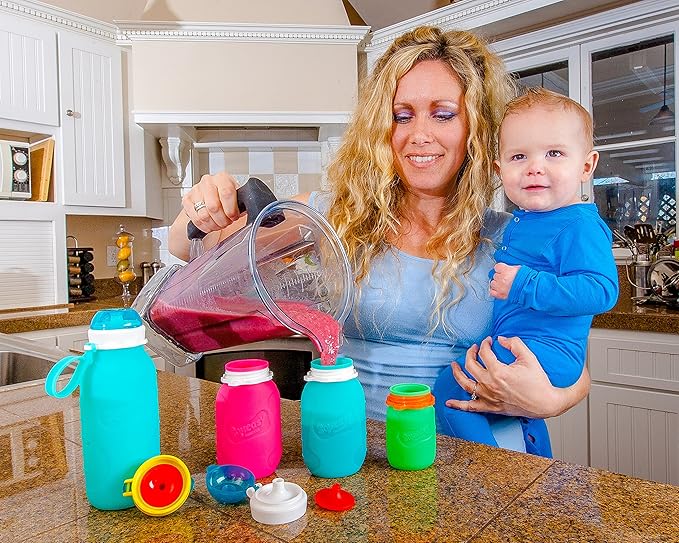Pink 6 oz Squeasy Snacker Spill Proof Silicone Reusable Food Pouch - for Both Soft Foods and Liquids - Water, Apple Sauce, Yogurt, Smoothies, Baby Food - Dishwasher Safe