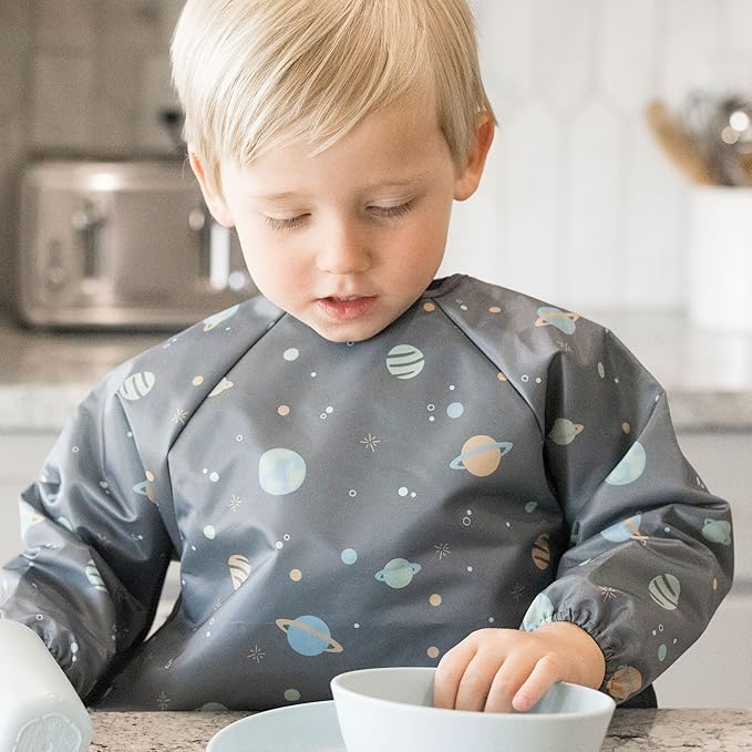 Tiny Twinkle Long Sleeve Bib for Babies & Toddlers | Waterproof Smock Bib for Eating | Machine Washable & Mess-Proof Feeding Essentials | Newborn Shower Gift (Space, 2-4Y)