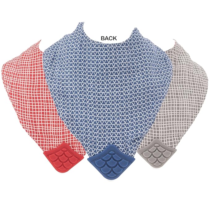 Nuby Reversible 100% Natural Cotton Muslin 3 Piece Teething Bib, Grey/Red/Blue, Arrows/Red Stripes/Elephants