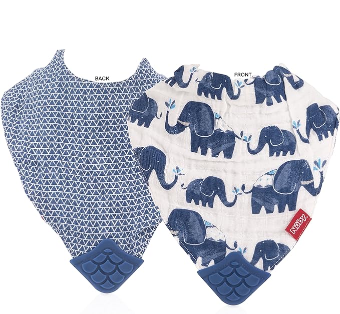 Nuby Reversible 100% Natural Cotton Muslin 3 Piece Teething Bib, Grey/Red/Blue, Arrows/Red Stripes/Elephants
