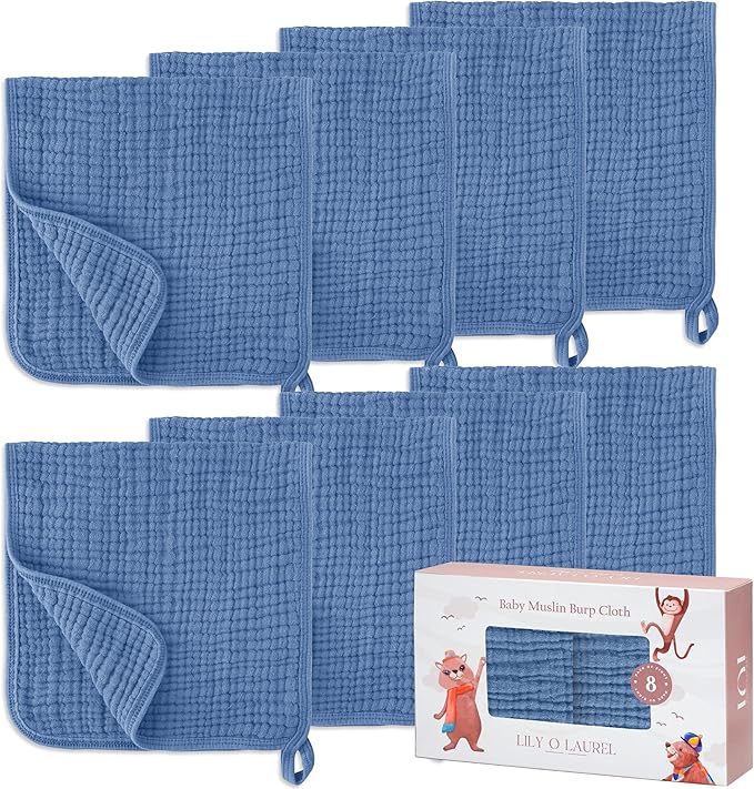 Muslin Burp Cloths, 20"x10"- Pack of 8, 6 Layers Super Soft Absorbent & Breathable 100% Cotton for Baby Drool and Messes, Burp Cloth Baby Boy and Burp Cloths Baby Girl
