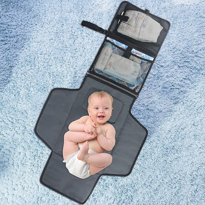 Portable Diaper Changing Pad Thick Soft Cushion Pillow - Travel Baby Mat Diaper Clutch Bag Detachable Wipes Pockets Baby Gift, Trellis Blue Grey Black