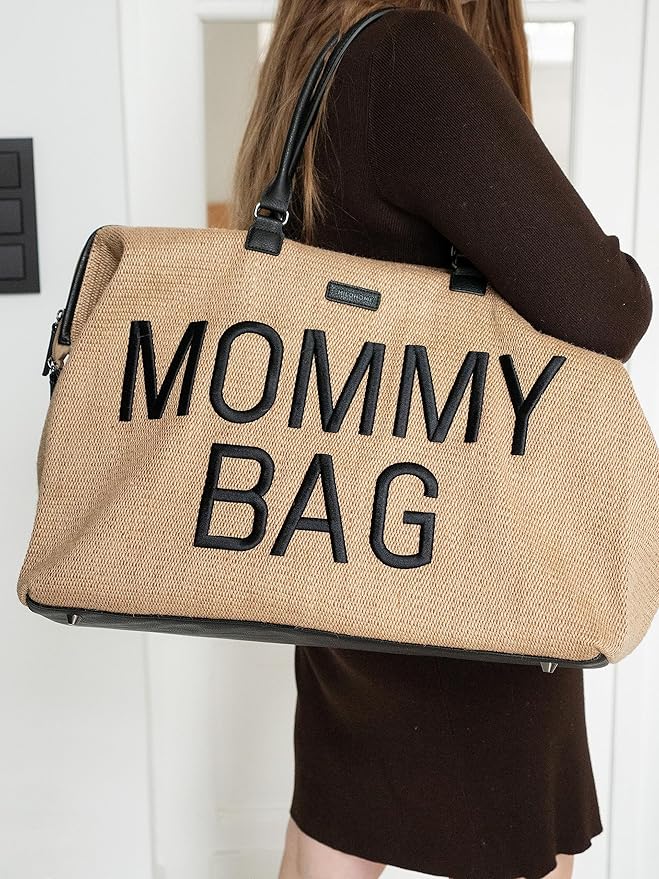 Childhome Original Mommy Bag - Large Baby Diaper Tote, Hospital and Travel Bag, Pregnancy Must Haves (Raffia Natural)