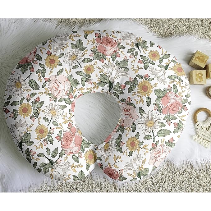 Sweet Jojo Designs Vintage Floral Boho Nursing Pillow Cover Breastfeeding Pillowcase for Newborn Infant Bottle Breast Feeding Pillow NOT Included Blush Pink Yellow Green Bohemian Shabby Chic Farmhouse