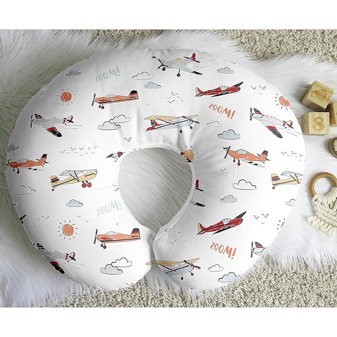 Sweet Jojo Designs Vintage Airplane Boy Nursing Pillow Cover Baby Breastfeeding Slipcover Infant Newborn Nursery Bottle Breast Feeding Pillowcase(Pillow NOT Included) - Airplanes Transportation Clouds