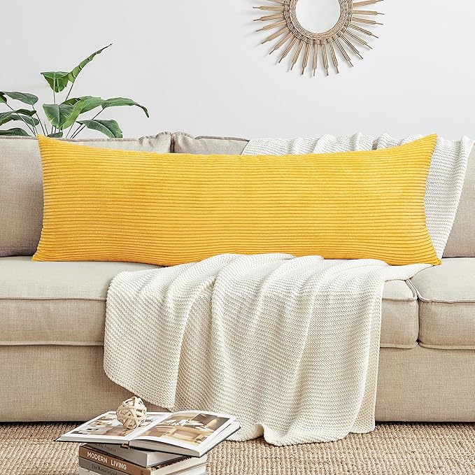 Sweet Jojo Designs Mustard Yellow Unisex Boy or Girl Body Pillow Cover Case – Decorative Accent Long Couch Kids Bed Pregnancy Pillowcase 54x20 - Solid Color Striped Corduroy Textured Minimalist