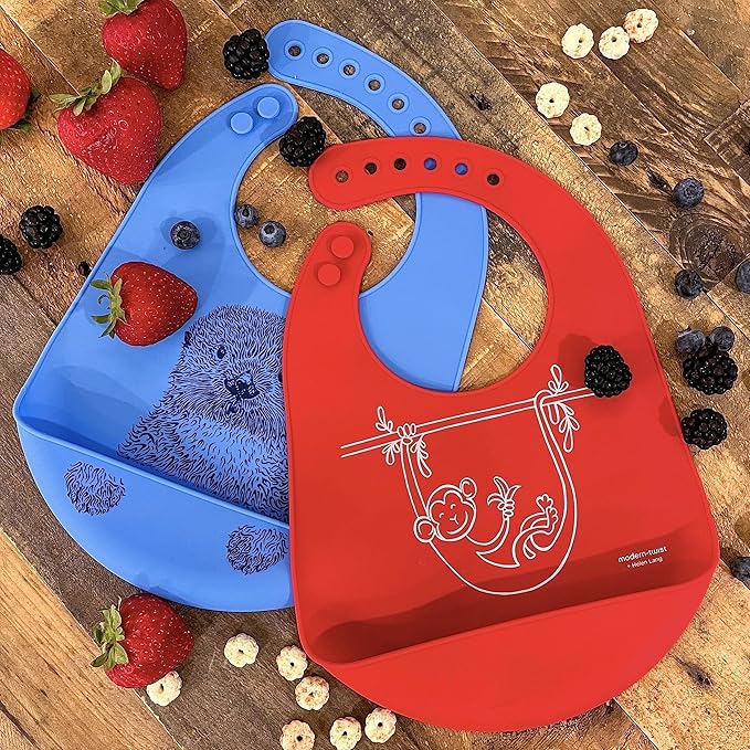 Modern Twist Bucket-Bib 100% Food-Grade Silicone, Waterproof and Reusable, Monkey Business – Red