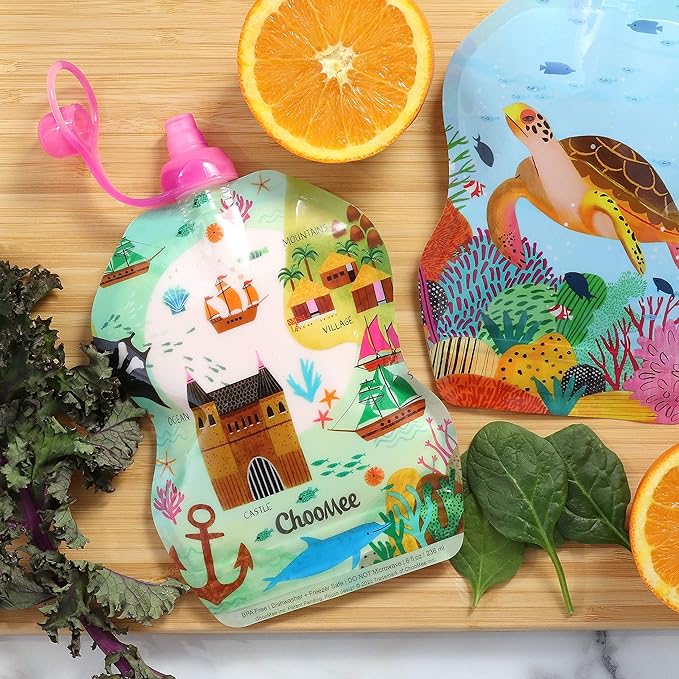 ChooMee Reusable Baby Food Storage Pouches | BPA Free Leakproof Toddler Squeeze Pouch for Smoothies, Purees & Baby Food | Refillable, Double Zipper, Easy Clean, Wide Bottom | 6CT, 8oz SeaLife