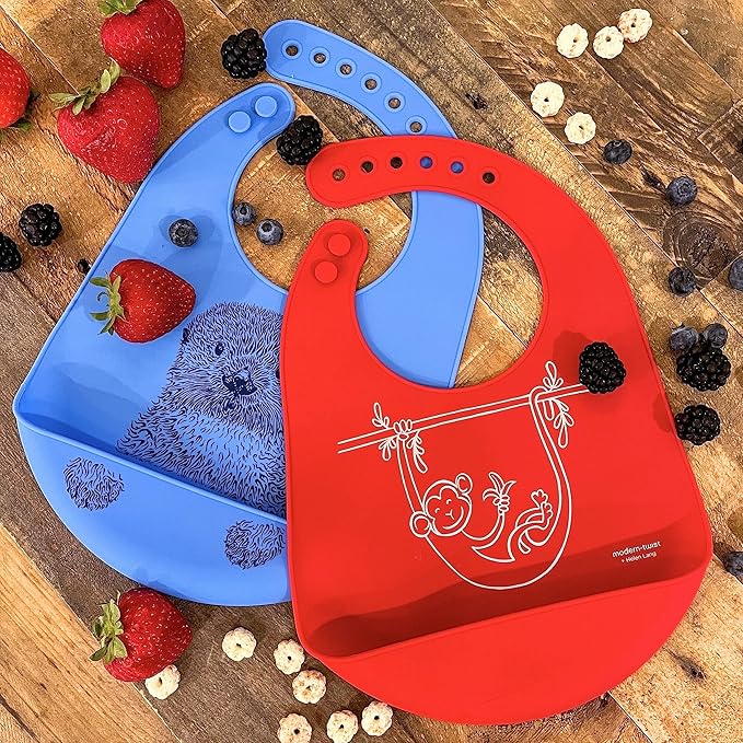 modern-twist Bucket-Bib 100% Food-Grade Silicone, Waterproof and Reusable, Curious Otter – Sea Blue
