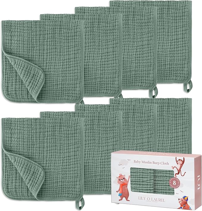 Muslin Burp Cloths, 20"x10"- Pack of 8, 6 Layers Super Soft Absorbent & Breathable 100% Cotton for Baby Drool and Messes, Burp Cloth Baby Boy and Burp Cloths Baby Girl