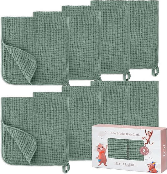 Muslin Burp Cloths, 20"x10"- Pack of 8, 6 Layers Super Soft Absorbent & Breathable 100% Cotton for Baby Drool and Messes, Burp Cloth Baby Boy and Burp Cloths Baby Girl