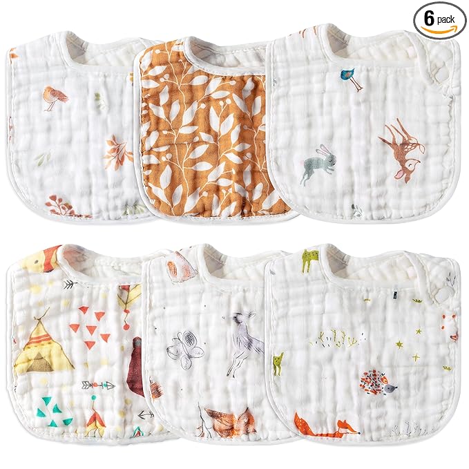 Zainpe 6Pcs Snap Muslin Cotton Baby Bibs Owl Fox Leaf Bear Bib with 6 Absorbent & Soft Layers Machine Washable Adjustable Burp Cloth for Infant Girl Boy Toddler Drooling Eating Teething 0 to 24 Months