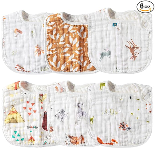 Zainpe 6Pcs Snap Muslin Cotton Baby Bibs Owl Fox Leaf Bear Bib with 6 Absorbent & Soft Layers Machine Washable Adjustable Burp Cloth for Infant Girl Boy Toddler Drooling Eating Teething 0 to 24 Months