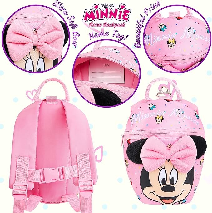 Disney Minnie Mouse Backpack with Toddler Safety Harness for Girls Daycare Bag Backpack with Leash Preschool Outdoor Travel Gifts